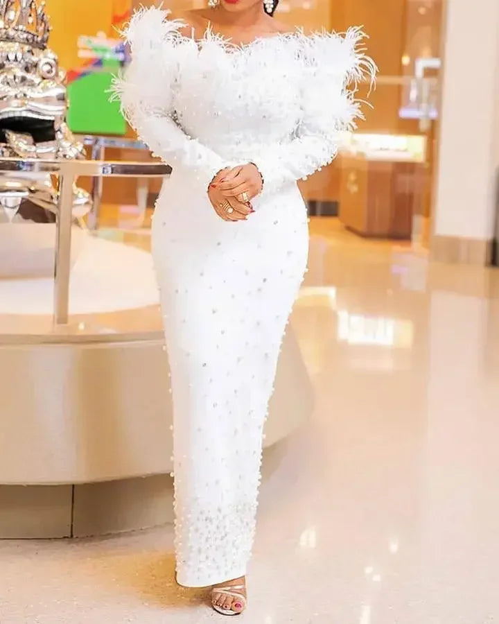 White Feather Pearl Maxi Dress – Elegant Party & Wedding Outfit