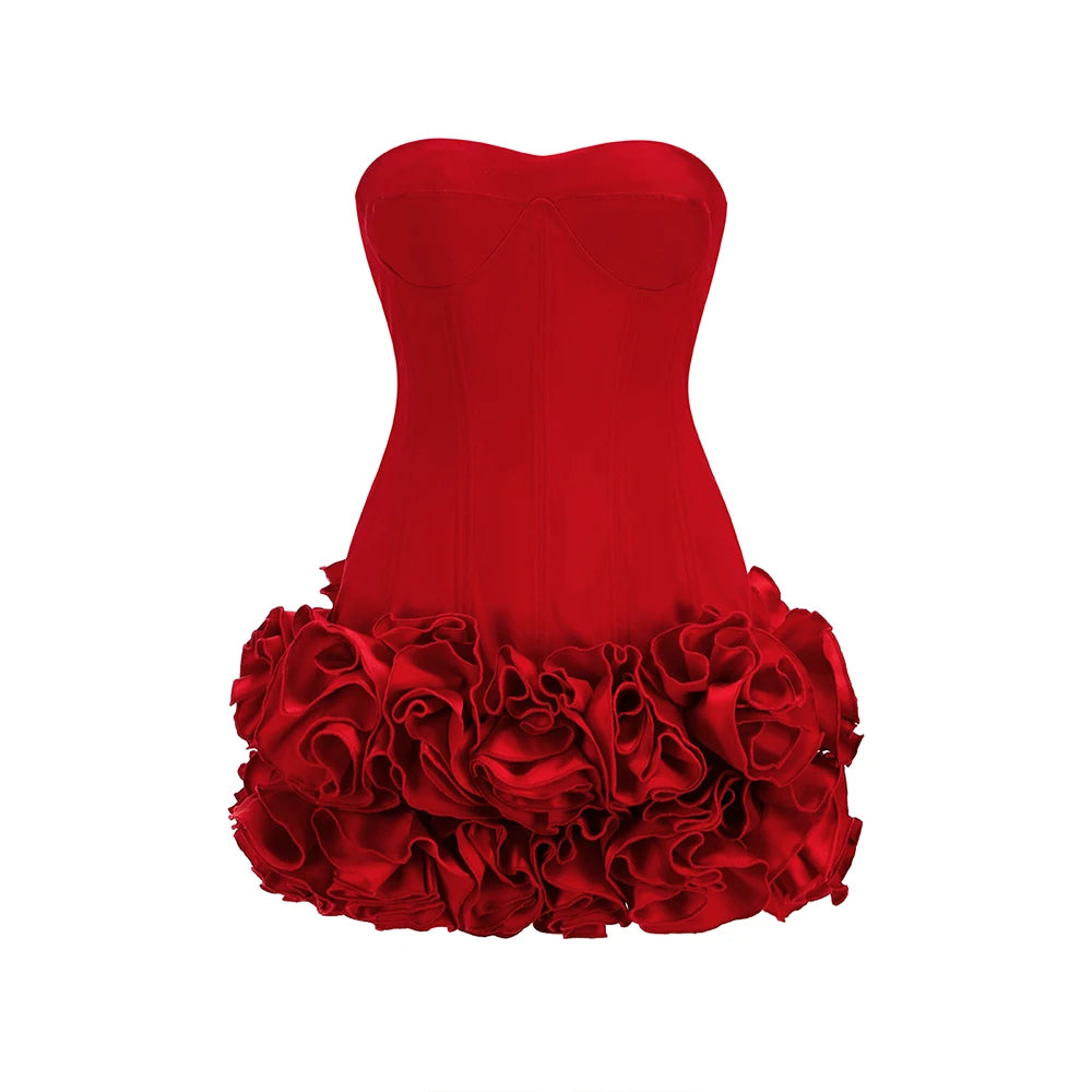 VC Red Strapless Christmas Mini Dress – Floral Embellished Party Outfit