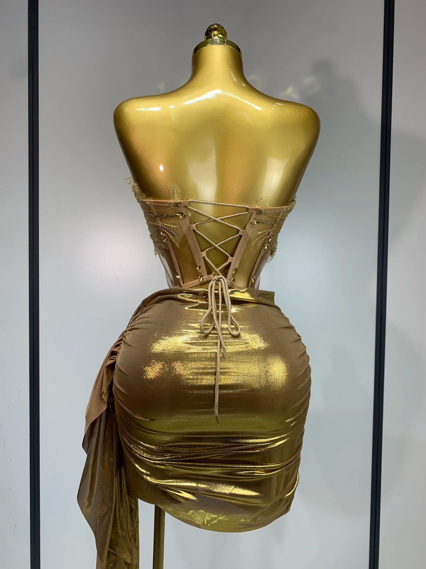 Women’s Gold Sequin Strapless Dress Set – Rhinestone Glitter Party Outfit