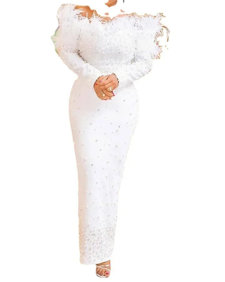 White Feather Pearl Maxi Dress – Elegant Party & Wedding Outfit