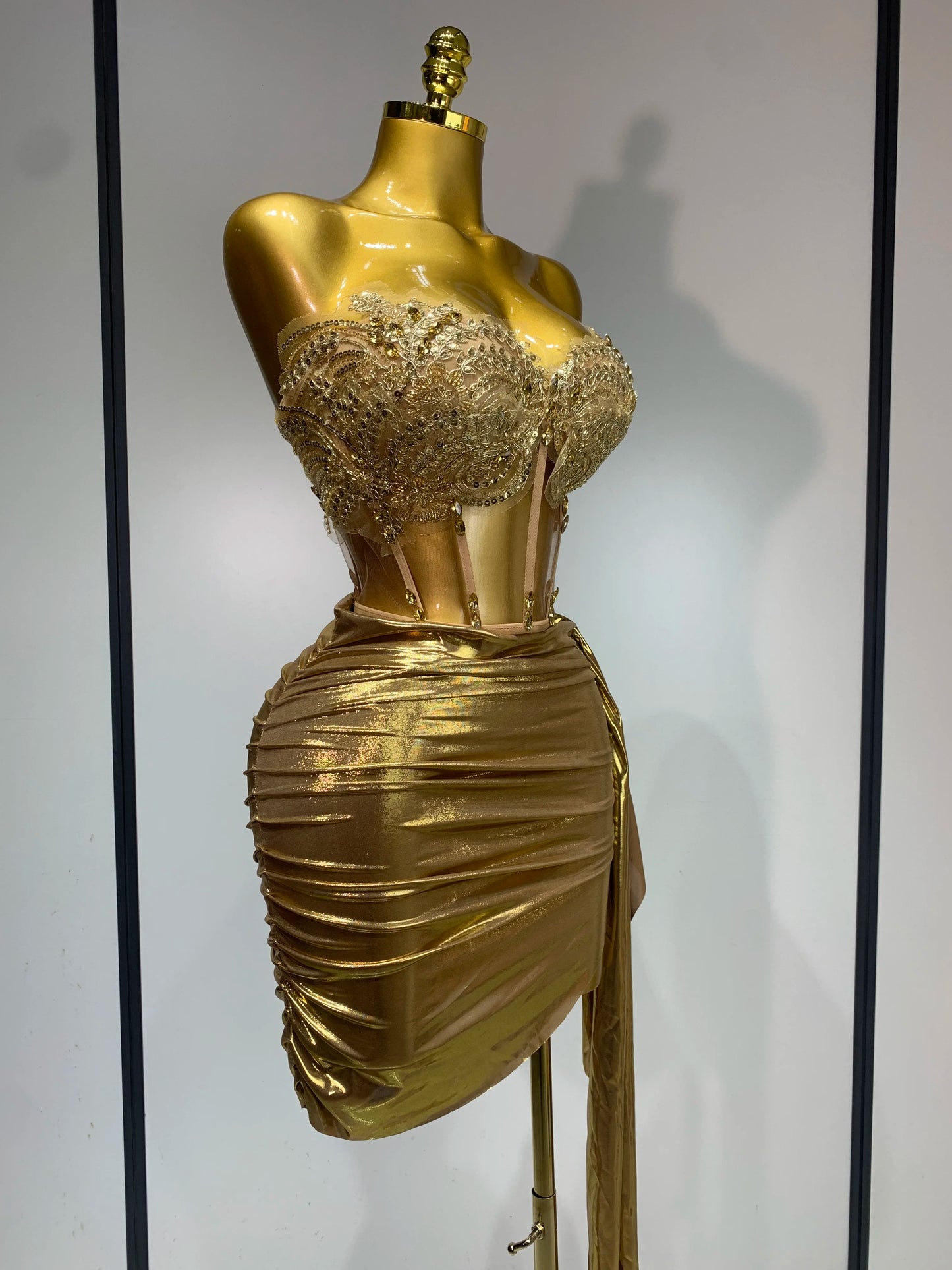 Women’s Gold Sequin Strapless Dress Set – Rhinestone Glitter Party Outfit
