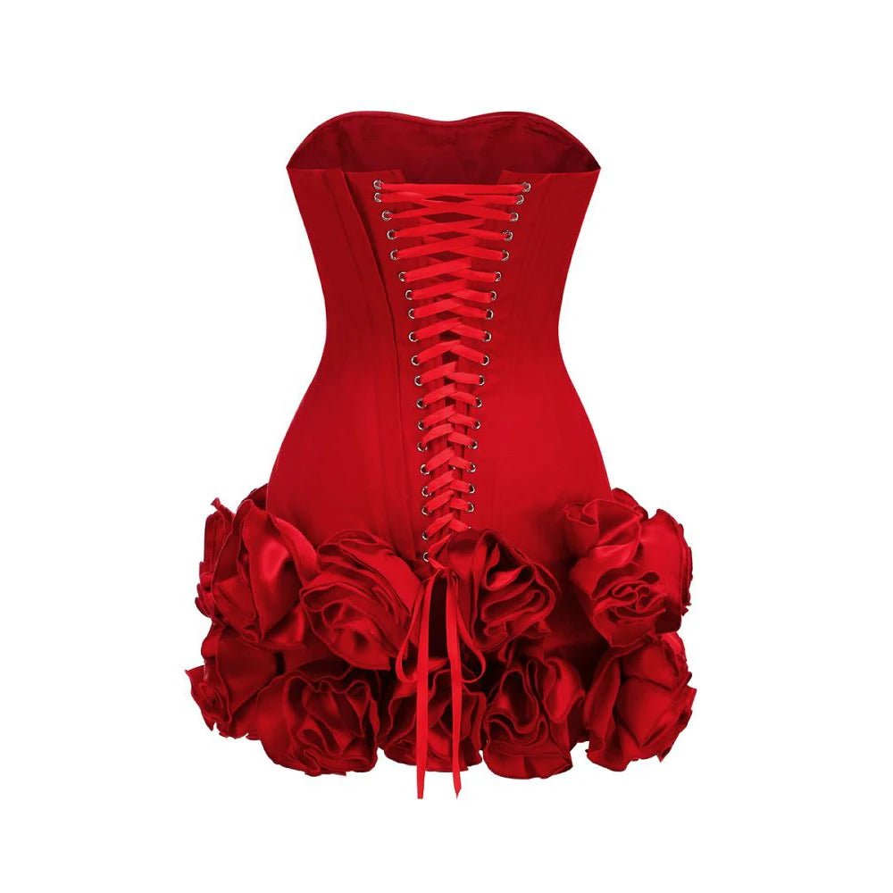 VC Red Strapless Christmas Mini Dress – Floral Embellished Party Outfit