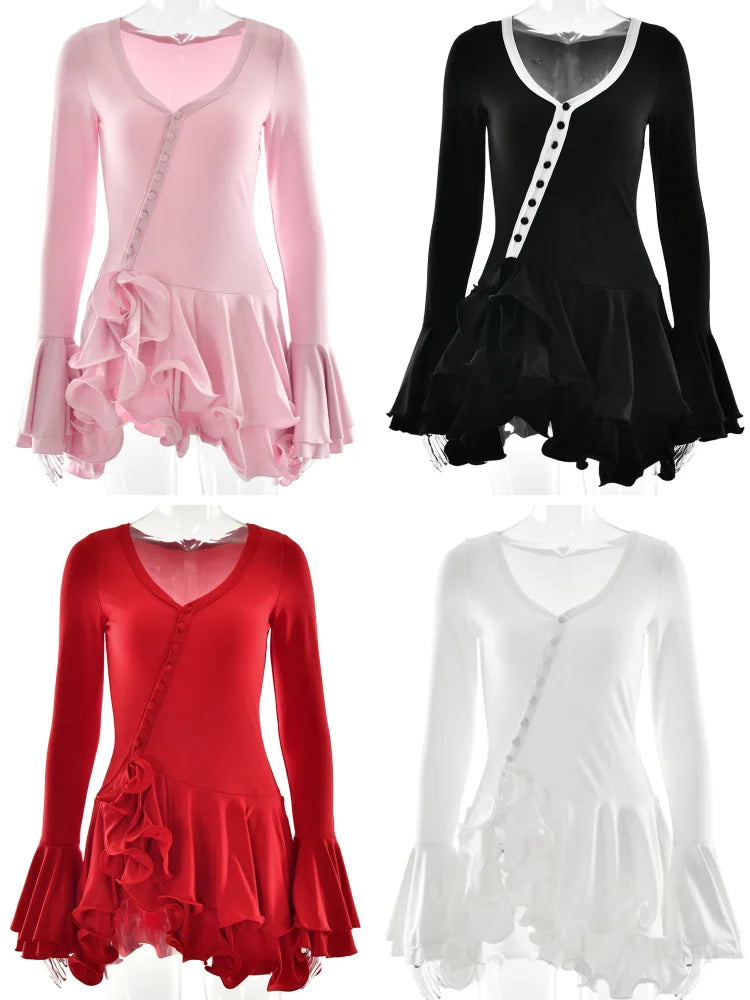 Absobe Women’s V-Neck Ruffle Mini Dress – Long Sleeve Party Outfit