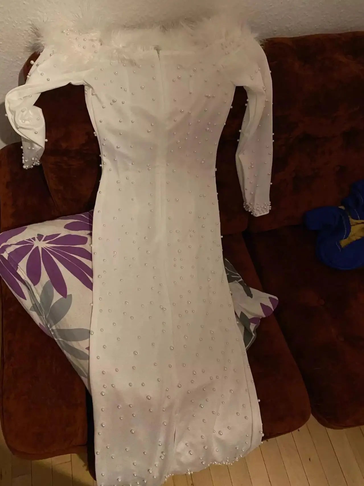 White Feather Pearl Maxi Dress – Elegant Party & Wedding Outfit