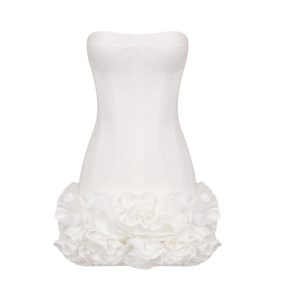 VC Red Strapless Christmas Mini Dress – Floral Embellished Party Outfit