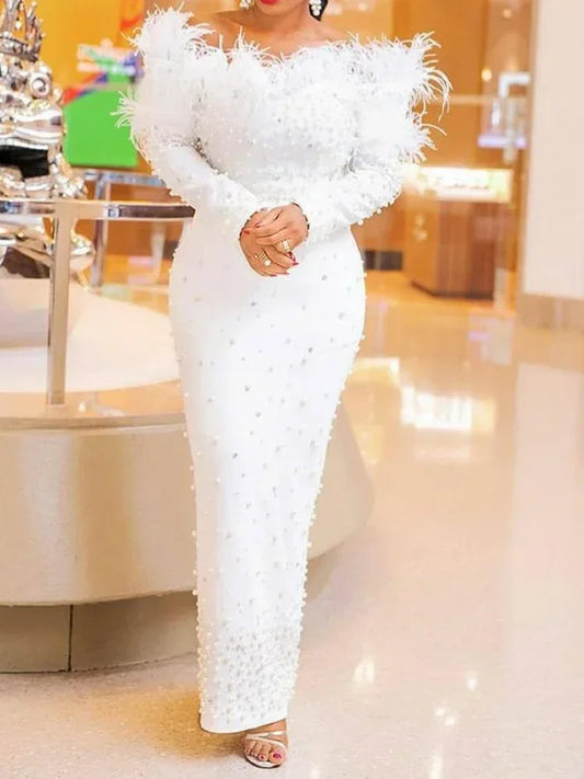 White Feather Pearl Maxi Dress – Elegant Party & Wedding Outfit