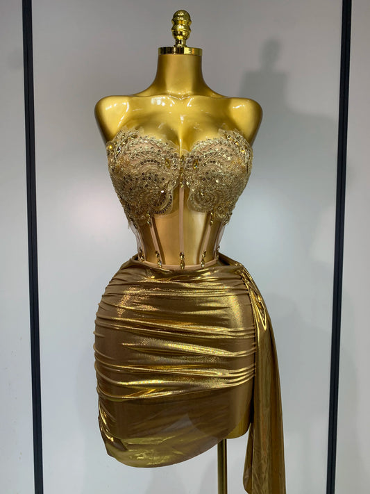 Women’s Gold Sequin Strapless Dress Set – Rhinestone Glitter Party Outfit