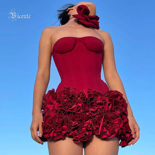 VC Red Strapless Christmas Mini Dress – Floral Embellished Party Outfit